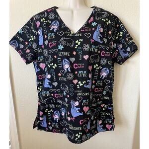 Disney Winnie The Pooh Eeyore Butterflies Hearts V Neck Women’s Scrub Top Size M